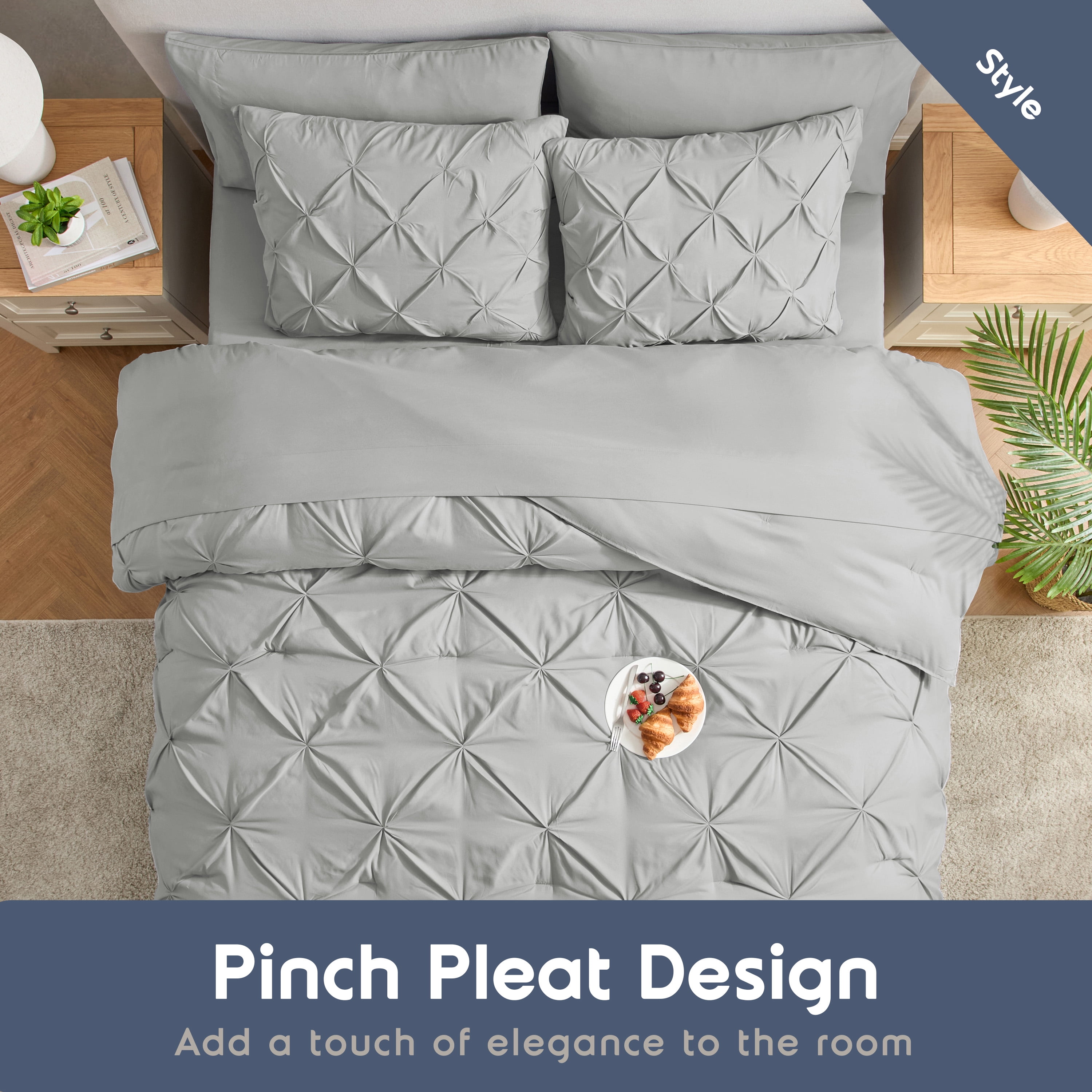 LammaLoe Full Size Comforter Sets, 7 Piece Bed In A Bag Pintuck Bedding Sets, light grey
