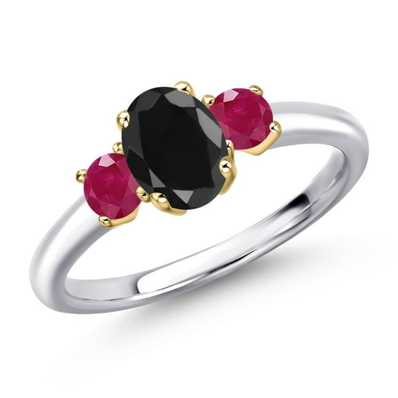 Gem Stone King 925 Silver and 10K Yellow Gold Black Sapphire and Red Ruby Engagement Ring for Women | 1.60 Cttw | Oval 7X5MM | Gemstone September Birthstone | Size 8