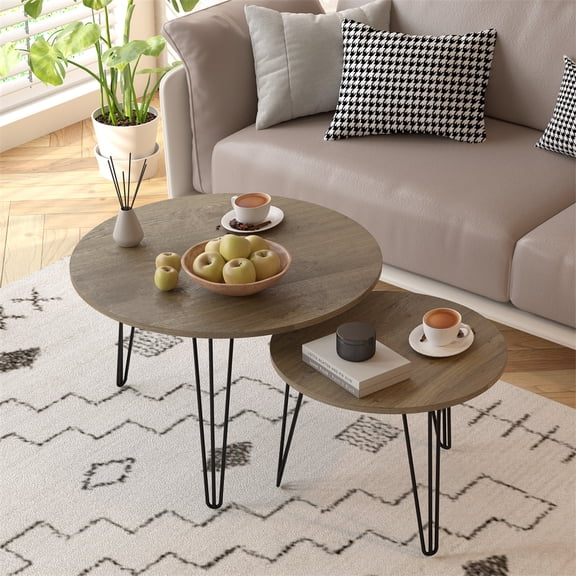 27.56'' Nesting Coffee Table Set Of 2 Modern Round Marble Pattern Wooden Side Tables With Metal Frame Circular Nesting End Table