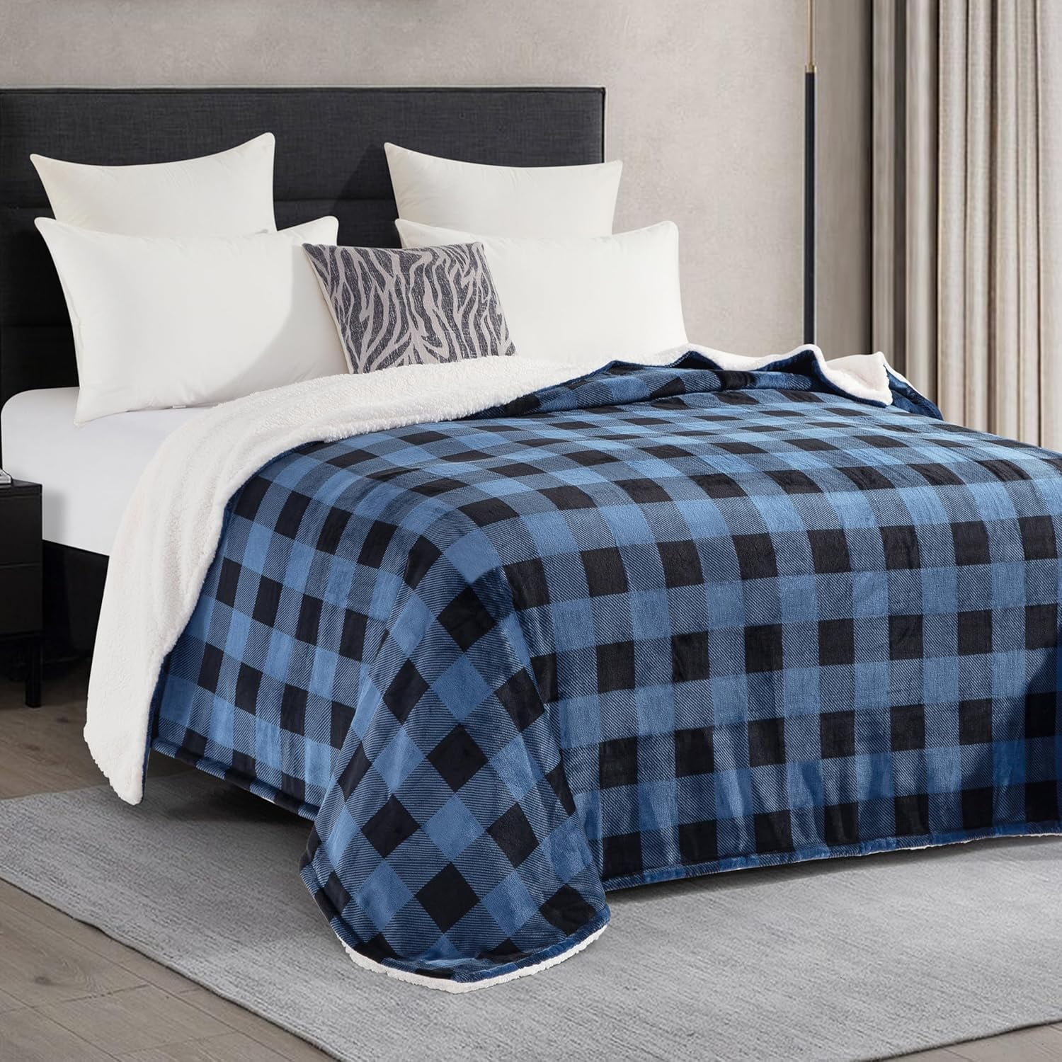 Elegant Comfort Reversible Buffalo Plaid Flannel Sherpa Blanket - Soft Fleece Throw for Couch or Bed - Plush Warm Winter Blanket, Twin XL, Blue