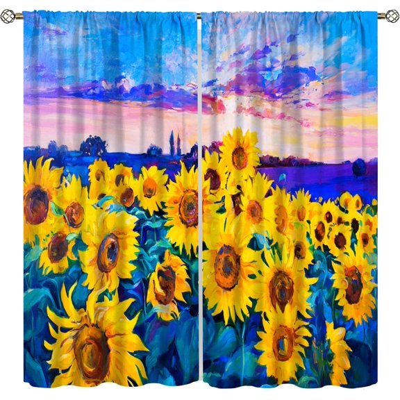 Sunflower Blackout Curtains, Retro Sunflower Flower Field Oil Painting Art Rustic Print Rod Pocket Window Treatments Drapes for Kitchen Living Room Playroom42x54in