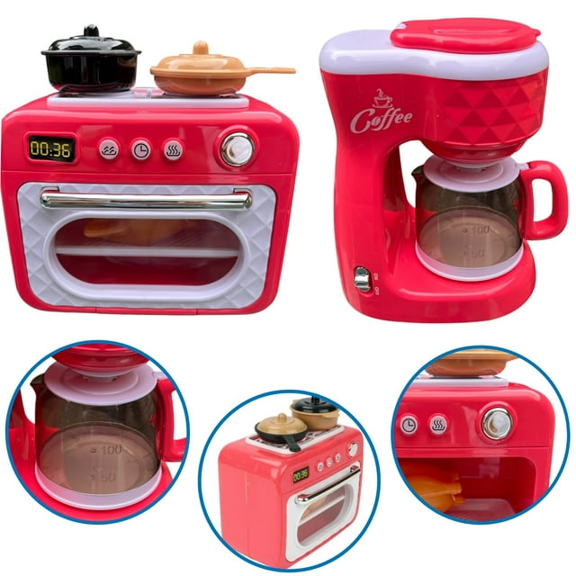 Set Juguete Cocinita Cafetera Y Hornito con Sonido Chef Cocina Electrodomesticos Juguete Color Rosa
