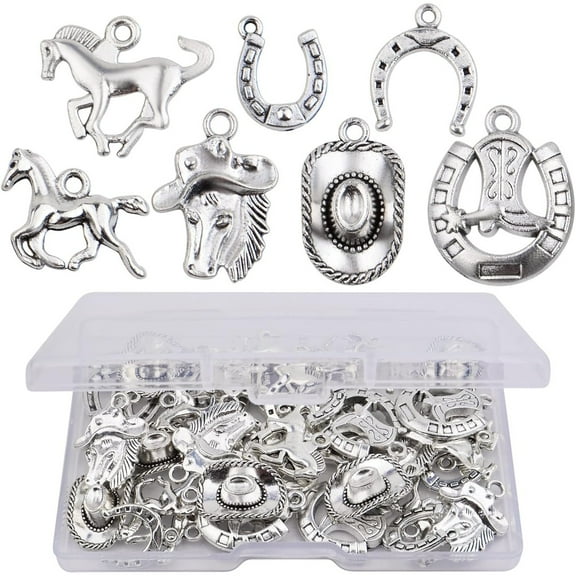 42pcs Antique Silver Western Cowboy Theme Charms Vintage Alloy Cowboy Horse Horseshoe Hat Dangle Pendants for DIY Bracelet Necklace Jewelry Making Supplies