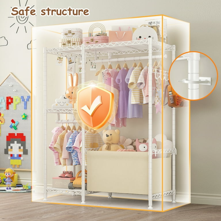 Small Clothing Racks for Hanging Clothes Clothes Rack with Storage Basket Adjustable Closet Rack with Shelves for Bedroom Playroom 55.1 H 37.8 W 13.4 D White Walmart