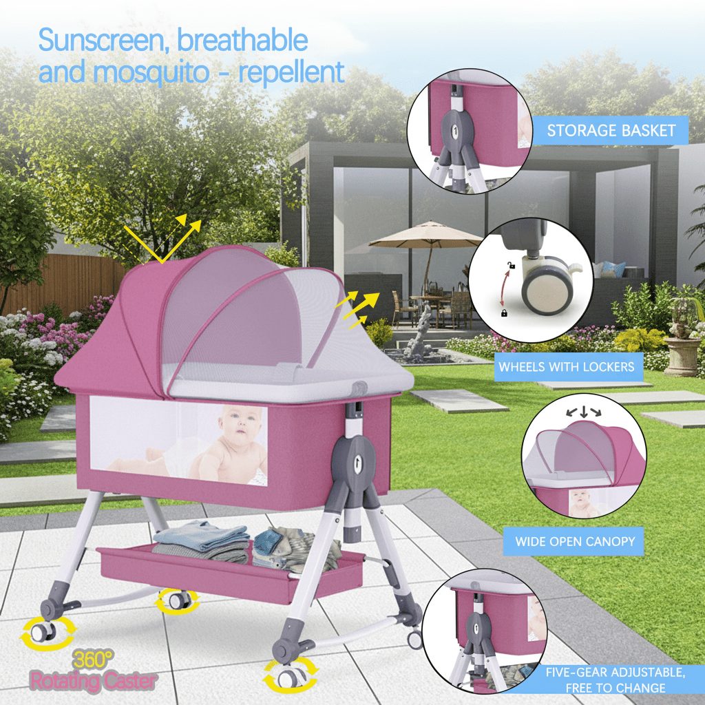 StarZe 4 in 1 Infant Baby Bassinet Bedside with Mosquito Net and Storage Rack,5 Auto-Lock Adjustable Height Baby Crib for 0-24 Months,Pink