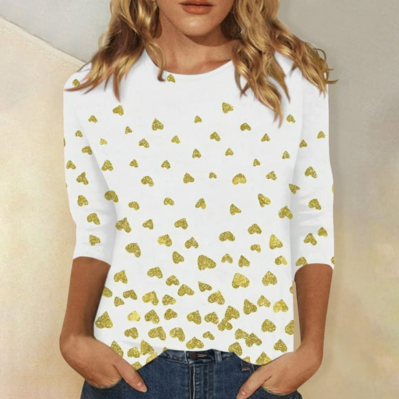 Hot Sale!! Valentines Shirts 3/4 Length Sleeve Womens Tops Floral Tie Dye Graphic Tees Trendy Holiday Tunic Blouses Dressy Casual Crewneck Shirts Yellow + S