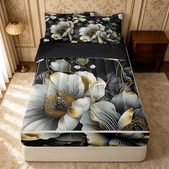 Erosebridal Vintage Floral Zipper Twin Comforter Sets with Fitted Sheet and 2 Pillowcases, Tropical Blossom Zipper Bedding Set, Black Reversible, Black Gold, Black Reversible