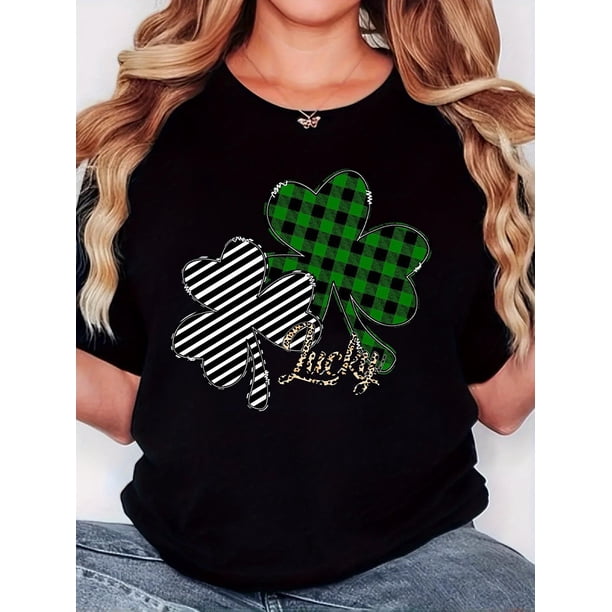 Camiseta para mujer, estampado direccional del Día de San Patricio "Trébol de la Suerte a Rayas", estilo retro minimalista, cuello redondo, informal y cómoda, camiseta deportiva de manga corta, top de
