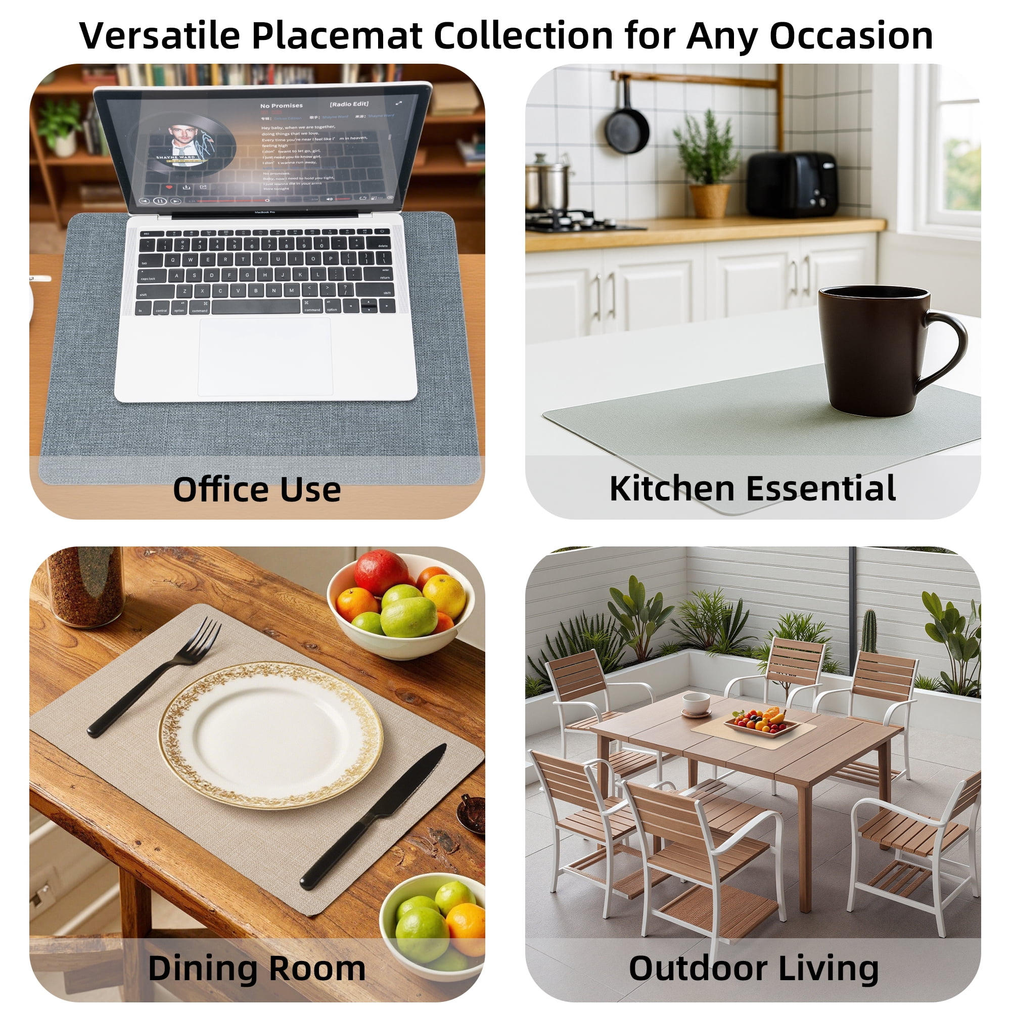 PROMATTOO Faux Leather Placemats Set of 6,Heat Resistant Dining Table Mats,17”x12”,Charcoal Blue