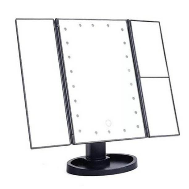 Espejo de maquillaje LED con luces, aumento de 3 lados, plegable, 22 cuentas luminosas, USB, belleza para escritorio, negro