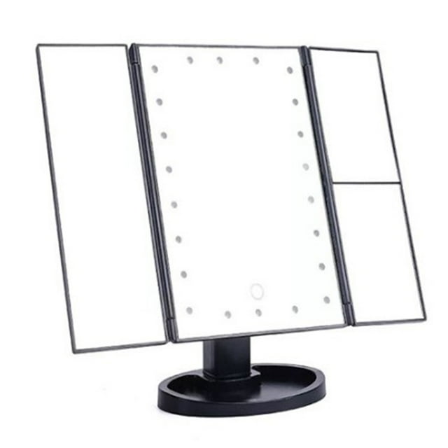 Espejo de maquillaje LED con luces, aumento de 3 lados, plegable, 22 cuentas luminosas, USB, belleza para escritorio, negro