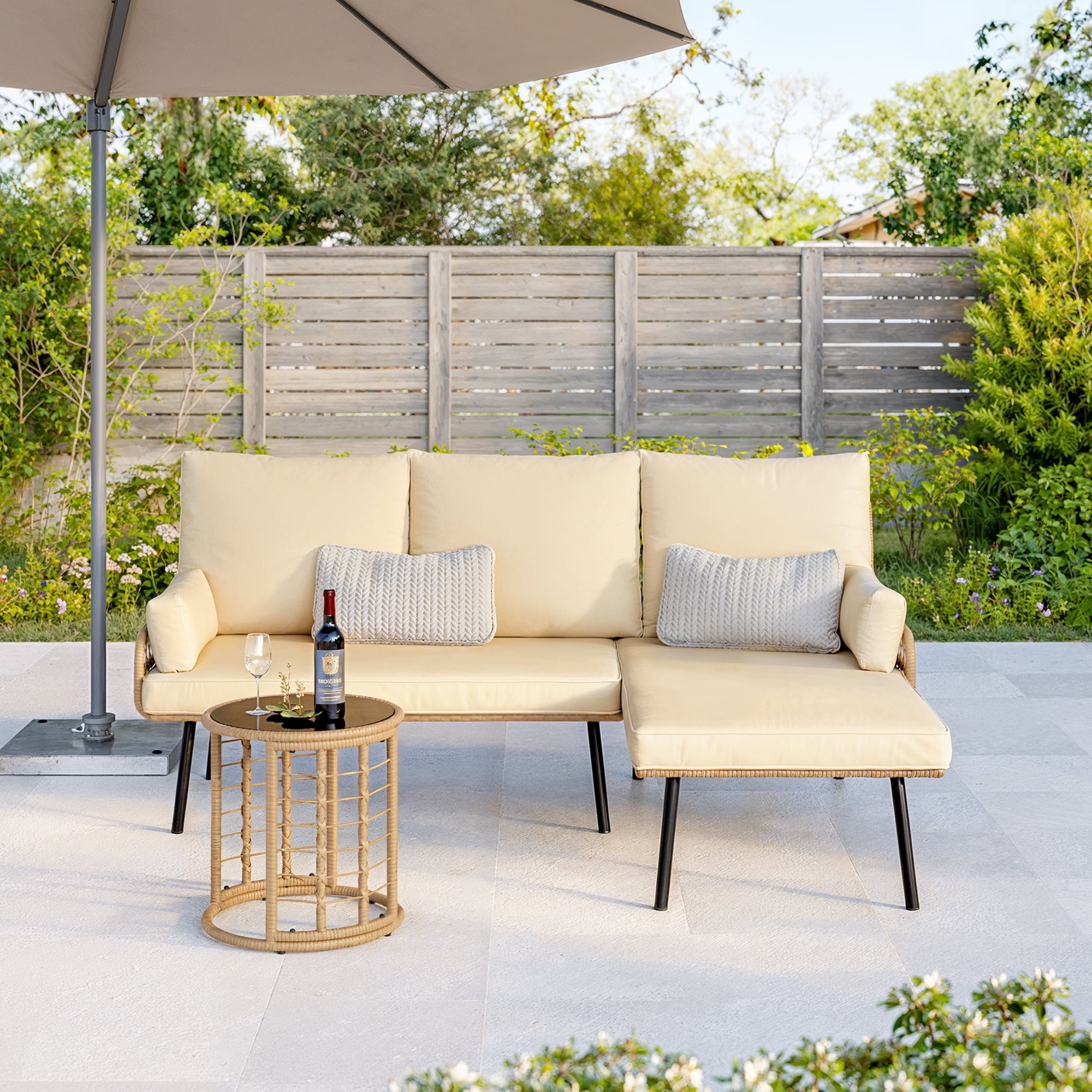 Outdoor Patio Furniture Set, Asofer Wicker Rattan L-Shaped Conversation Sectional Sofa Set with Thick Cushions & Table, Beige