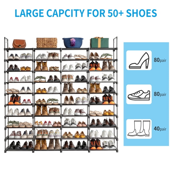 Alvantor 10-Tier Black Stackable Shoe Rack Organizer for Entryway and Closet