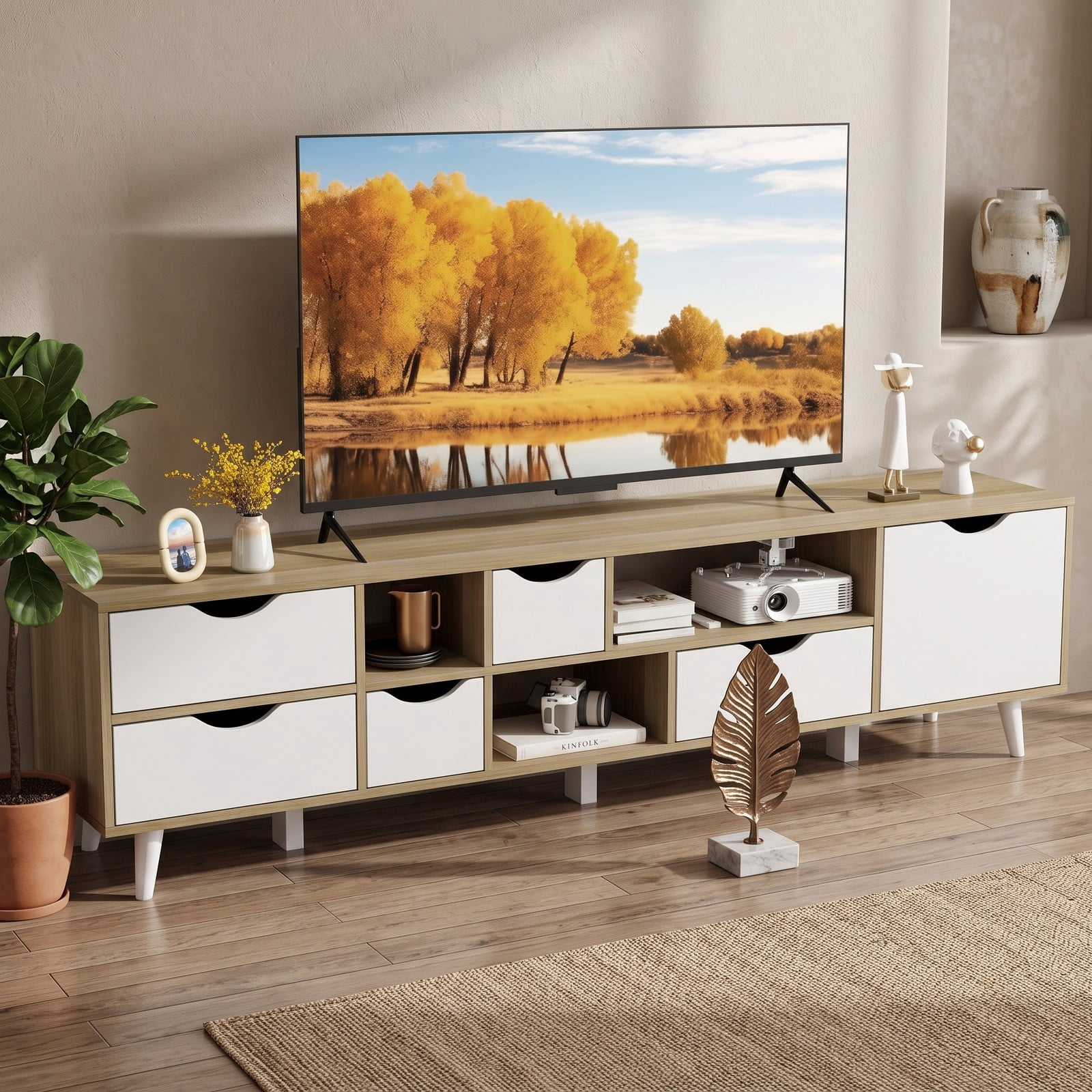 Furnibear TV Stand for TVs up to 65 Inch, Wood Entertainment Center Media Console with 5 Drawers and 3 Open Shelves, Adjustable Storage Cabinet for Living Room, Oak