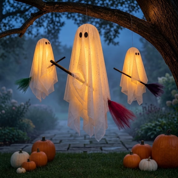 Halloween Decor Outdoor, 3 Pack Flying Ghosts with Warm Lights for Yard Patio Tree