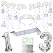Iridescent 13th Birthday Decorations for Girls, Silver Happy 13th Birthday Banner, Cake Topper, Hanging Swirls, Crown and Sash for Teenager 13 Years Old Bday Party