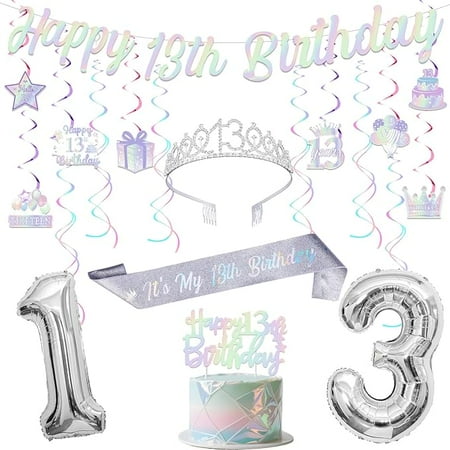 Iridescent 13th Birthday Decorations for Girls, Silver Happy 13th Birthday Banner, Cake Topper, Hanging Swirls, Crown and Sash for Teenager 13 Years Old Bday Party