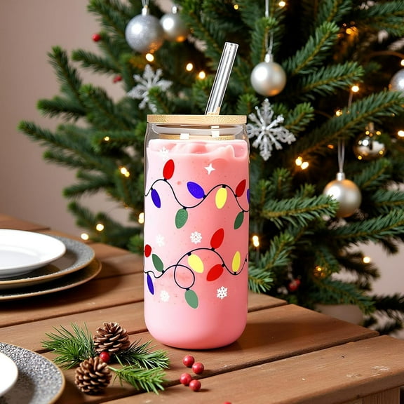 Color Changing Christmas Cup, 16oz Christmas Color Changing Glass Cup with Lid for Iced Coffee and Smoothies, Reusable Festive Lights Design