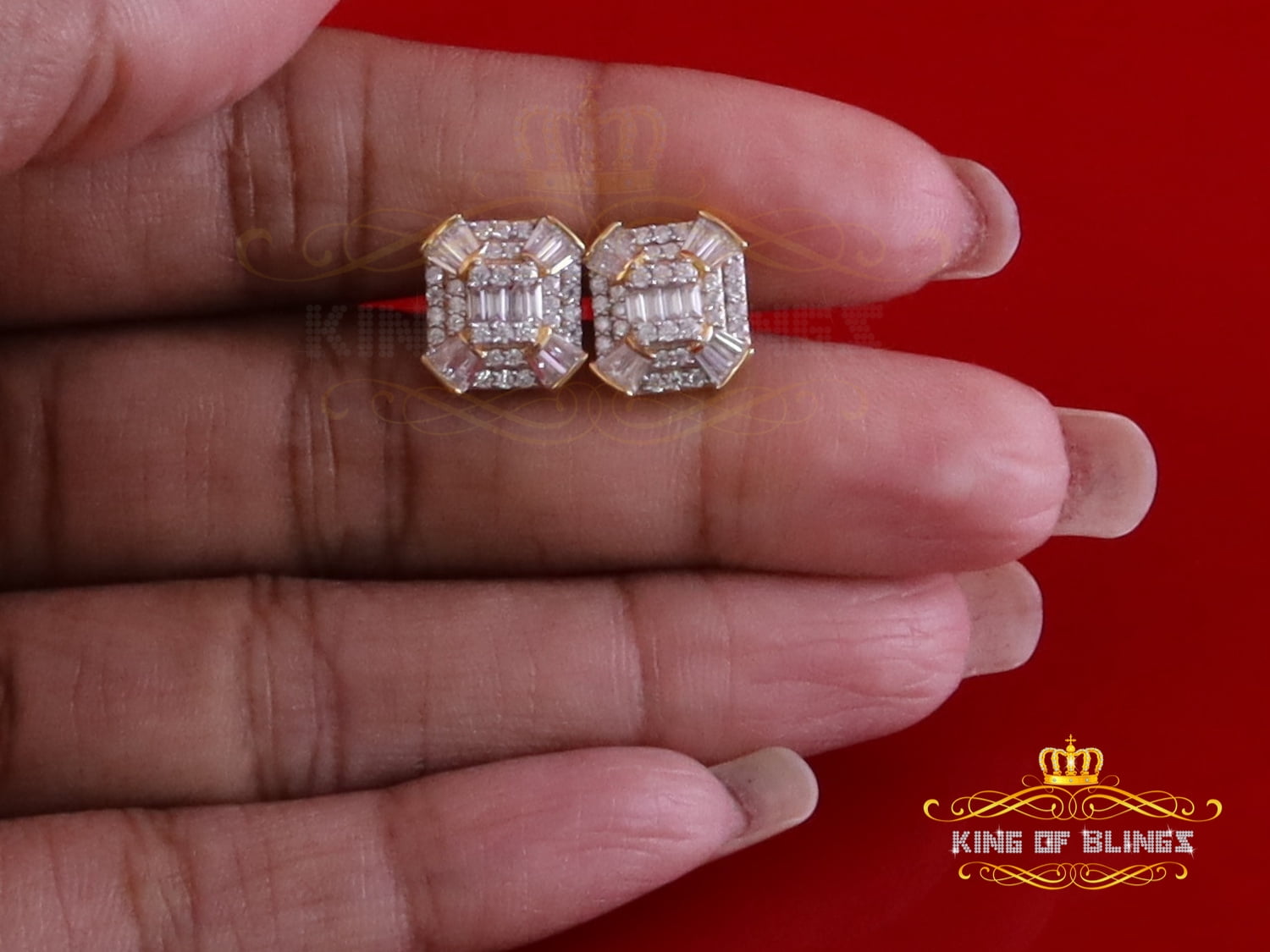 King of Bling's 925 Yellow Silver 1.25ct VVS 'D' Moissanite Rectangle Stud Earring Men's/Womens