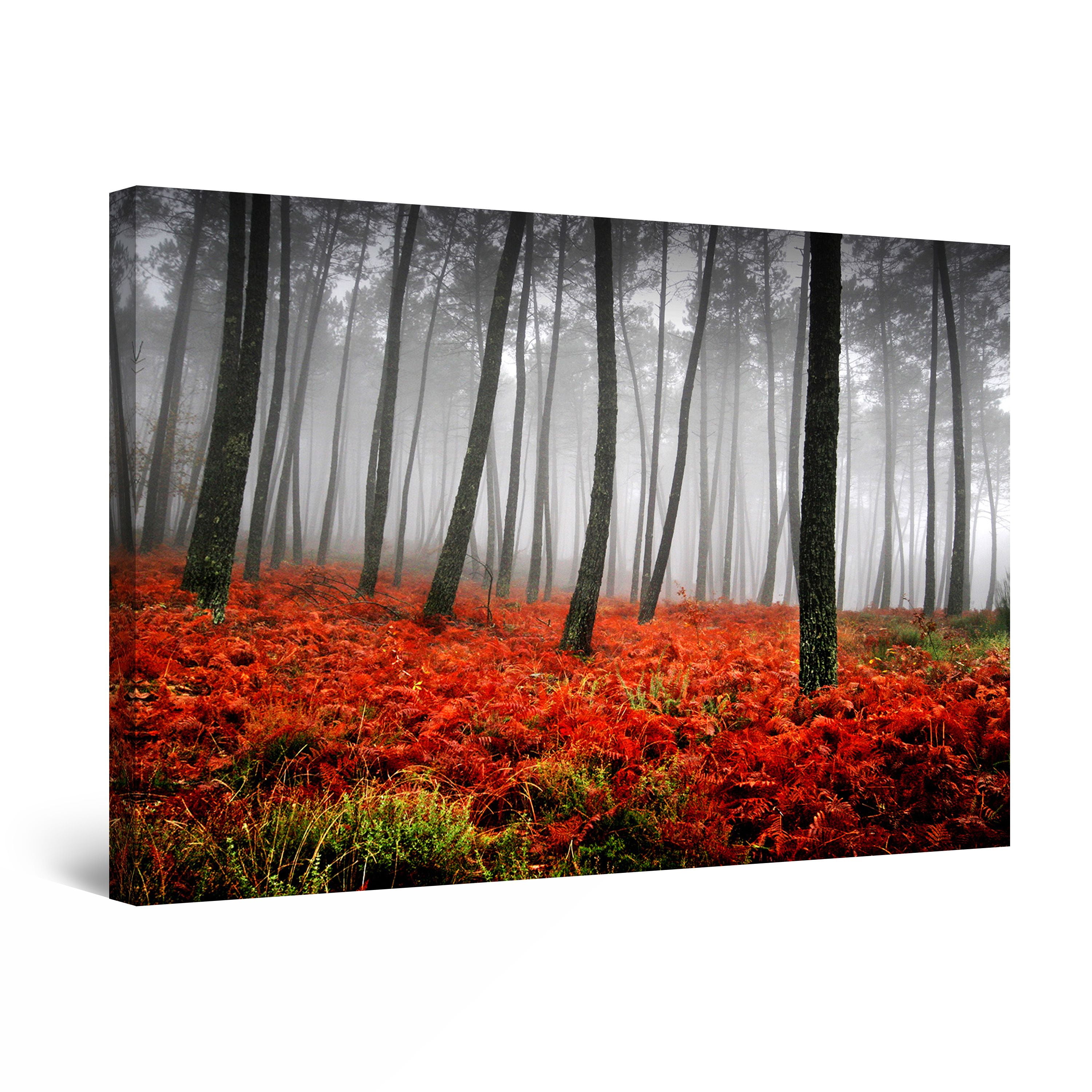 Startonight Canvas Wall Art Red Forest Fog Landscape, Framed Wall Decor