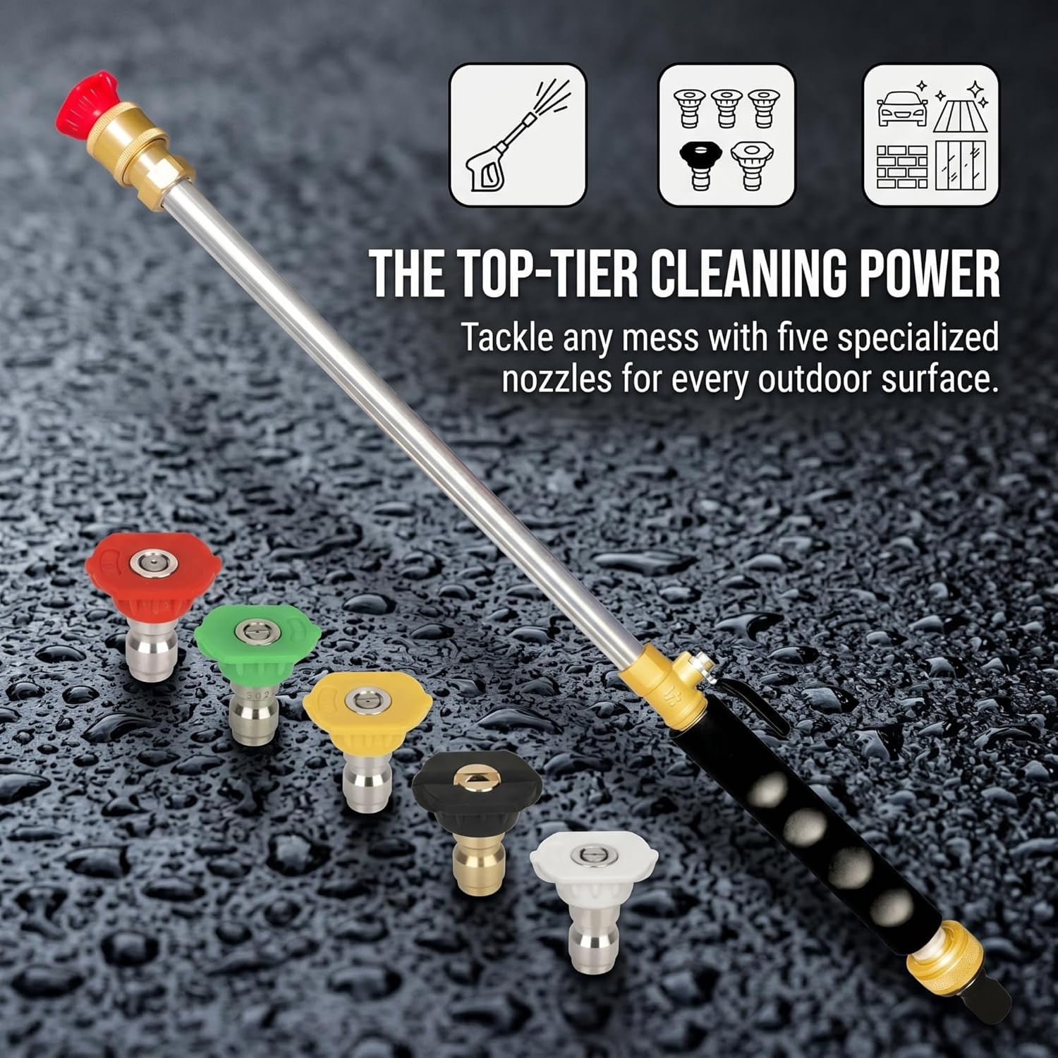RVKXHD Garden Hose Nozzle High Pressure With 5 Interchangeable Nozzles, 3/4" Standard Connector & 1/2" Garden Hose Quick-Fit Adaptor, Jet Hose Pressure Nozzle for Car, Patio & Garden Cleaning – Black
