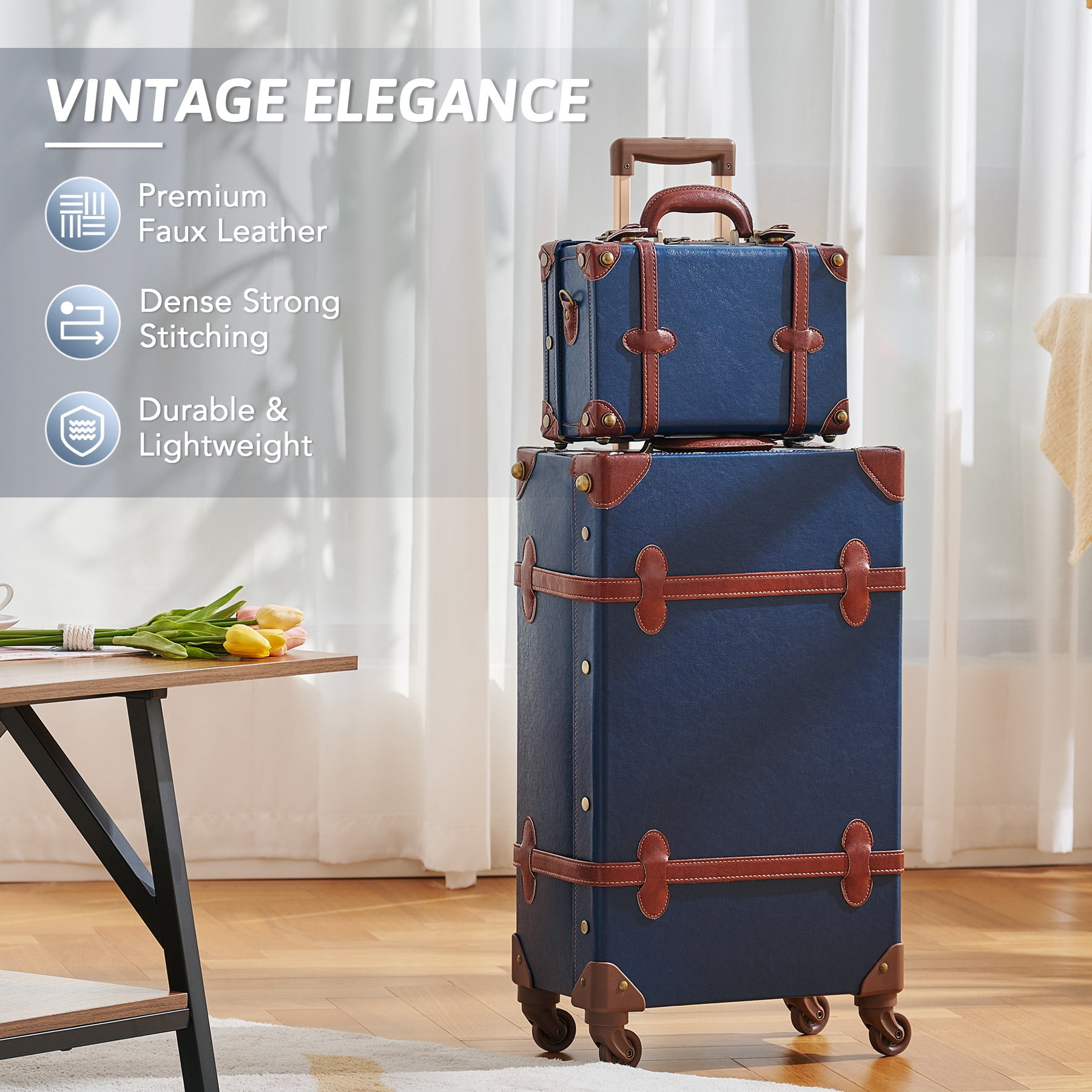 CO-Z Premium PU Vintage Style Suitcase Set Luggage Bag w/ TSA Locks Wheels,  Navy Blue 