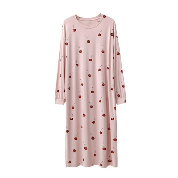 Women's Summer Thin Nightgowns Long Sleeve Sleep Shirt Round Neck Sleepwear Cherry Print Pajamas Dress