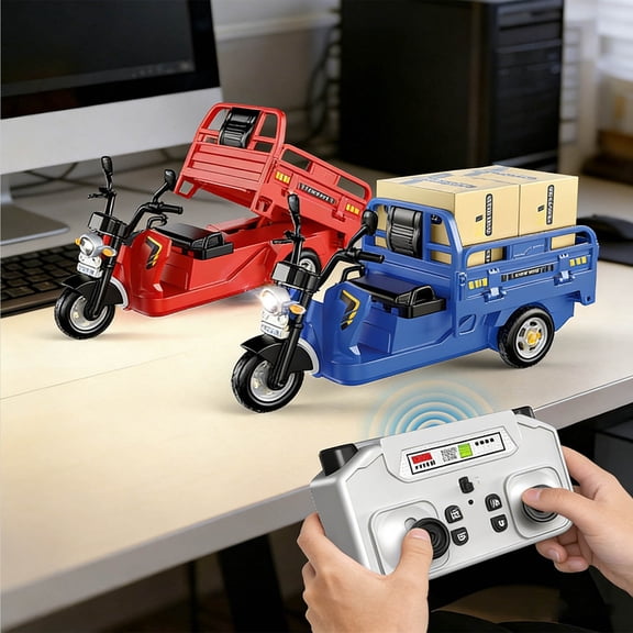 Kuroiy Remote Control Alloy Tricycle Toy Car, Red Blue, 2.4G Full Remote, Sounds & Lights, Electric Lift Bucket, USB Charging, Mini Size, Portable Racing, Cargo Delivery Simulatio