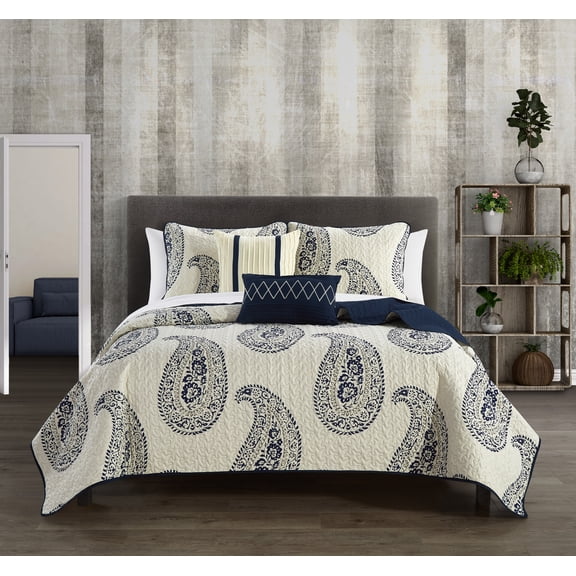 Chic Home Safira 9 Piece Quilt Set Contemporary Two-Tone Paisley Print Bed In A Bag - Sheet Set Decorative Pillows Shams Included, Queen, Navy