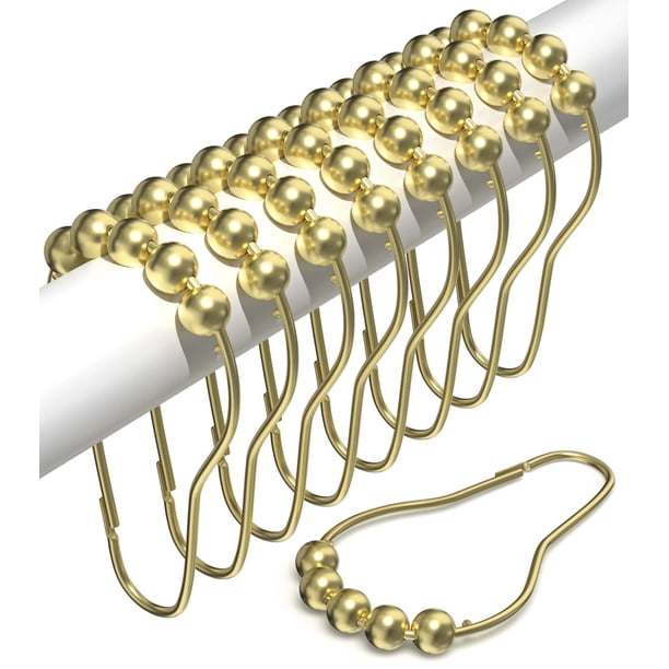 Ganchos dorados para cortina de ducha a prueba de óxido (juego de 12) – Ganchos dorados de acero inoxidable para cortina de ducha con bolas de rodillo deslizantes sin esfuerzo – Ganchos de baño fácile