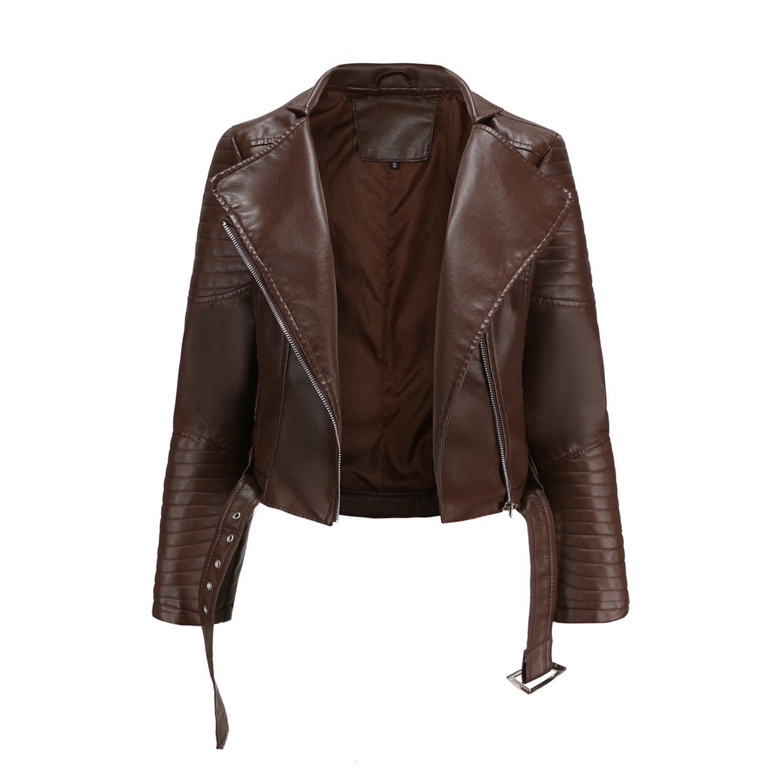 IROINNID Women's Short Faux Leather Jacket Notch Lapel Solid Color Long Sleeve Loose Warm Jacket Slim Winter Hoodless Coats, Coffee