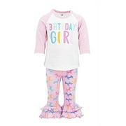 Girls Birthday Girl Ruffle Pant Raglan Ballon Animal Outfit (12m) Pink