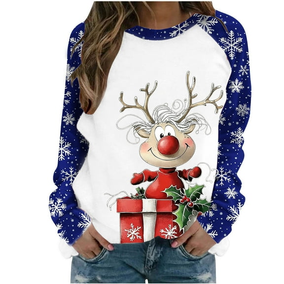 Fall Fashion Must Haves Womens Holiday Season Reindeer Pullover Sweatshirt Long Sleeve Round Neck Top Red Raglan Sleeve Shirt My Items