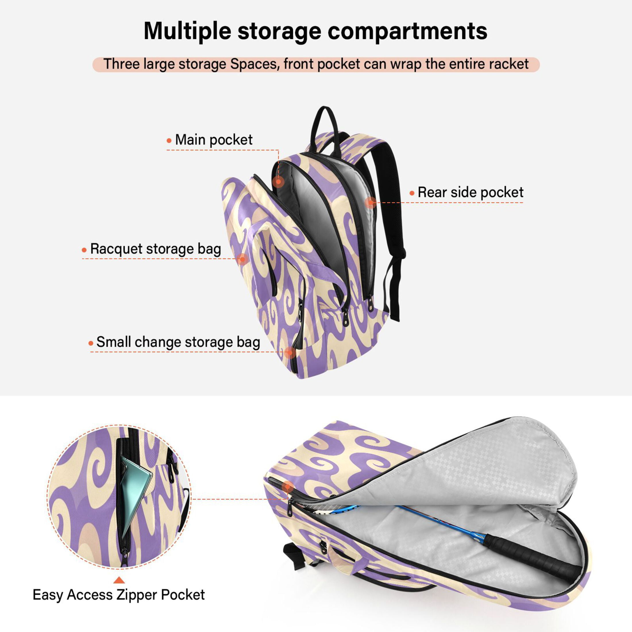 2 Racquet Holder Tennis Backpack Tennis Racket Covers Gym Bags Purple Whirlwind