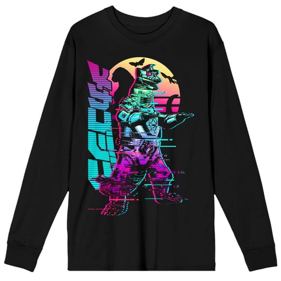 Godzilla Neon Kanji Character Art Adult Black Crew Neck Long Sleeve Tee-XS