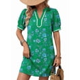 thumbnail image 3 of Summer Dresses for Women Boho Floral Puff Short Sleeve V Neck Trim Casual Mini Dress Sundress Deep Green L, 3 of 9