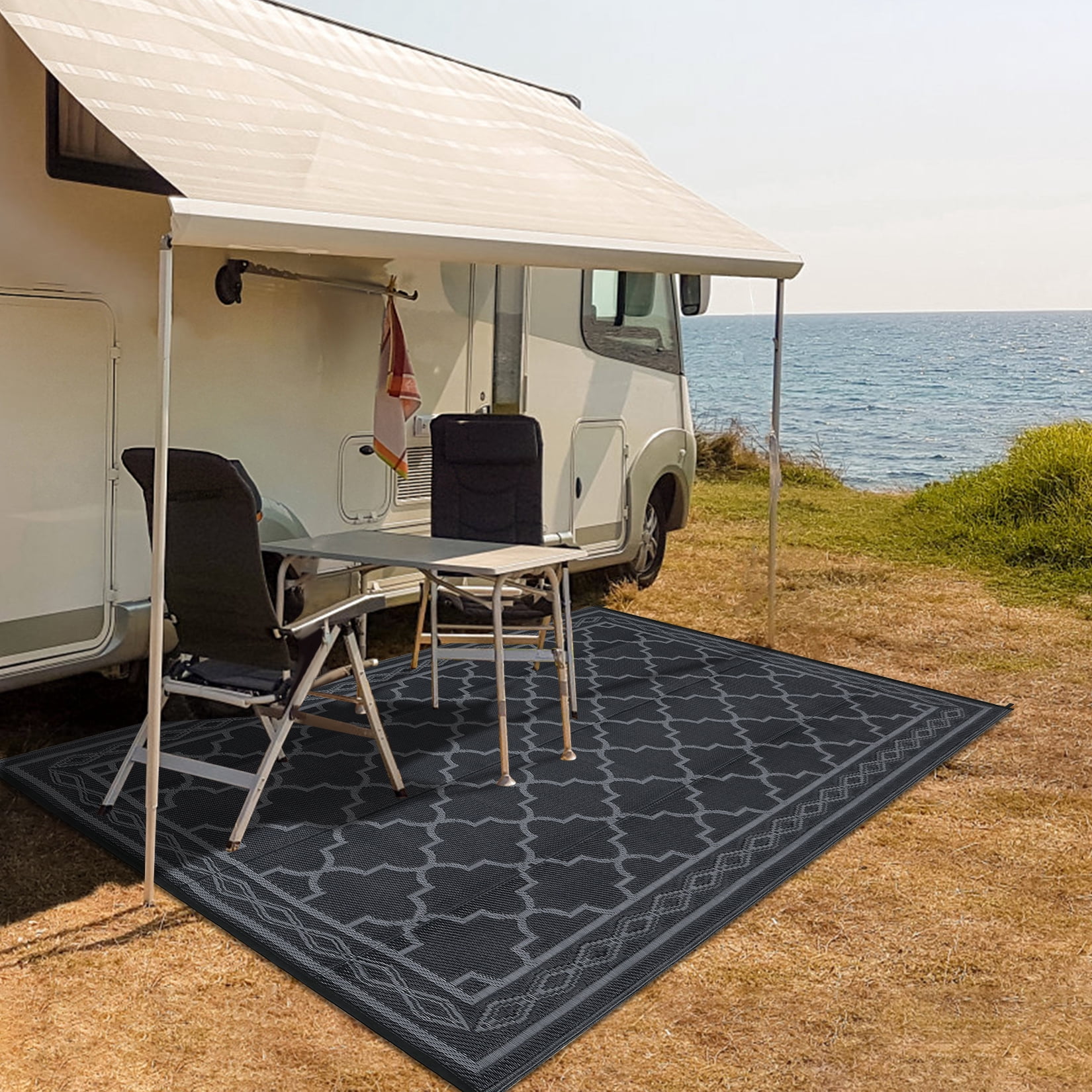 CAROMIO 6' x 9' Black & Gray Outdoor Rug Plastic Straw Rug Bohemia Waterproof PP Tube Woven Picnic Mat for Patio Decor Porch Balcony Picnic Rug