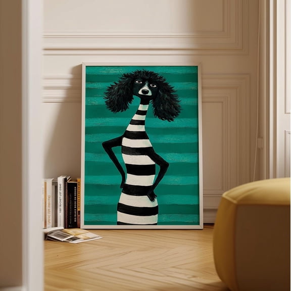 Whimsical Poodle Art Print, Black And White Striped Dog Decor, Modern Teal Pet Wall Art, Playful Animal Quirky Dog Lover Gift Wall Art, Modern Wall Decor, 8x12 UNFRAMED