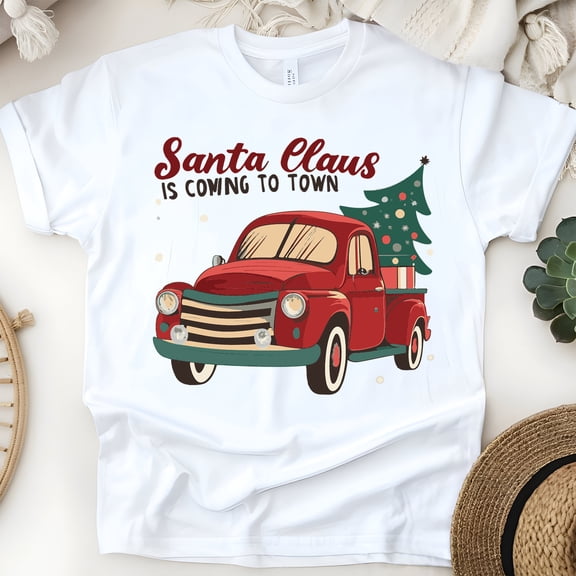 Santa Red Truck Shirt | Rustic Country Style Graphic Tee for Holiday Fans, White, Size S