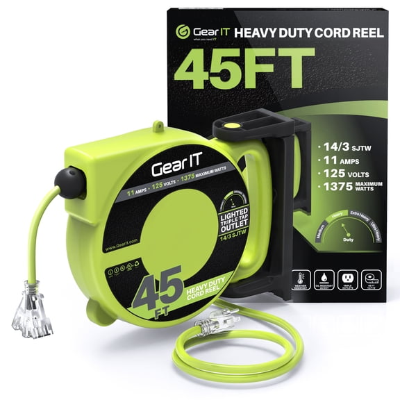 GearIT Retractable Extension Cord Reel (45ft) 14/3 AWG Gauge SJTW, 3 Outlets, LED Power Indicator, 11-Amps Circuit Breaker, 180 Degrees, UL Listed for Garage Ceiling Mount Workshop, Power Tool 45 Feet