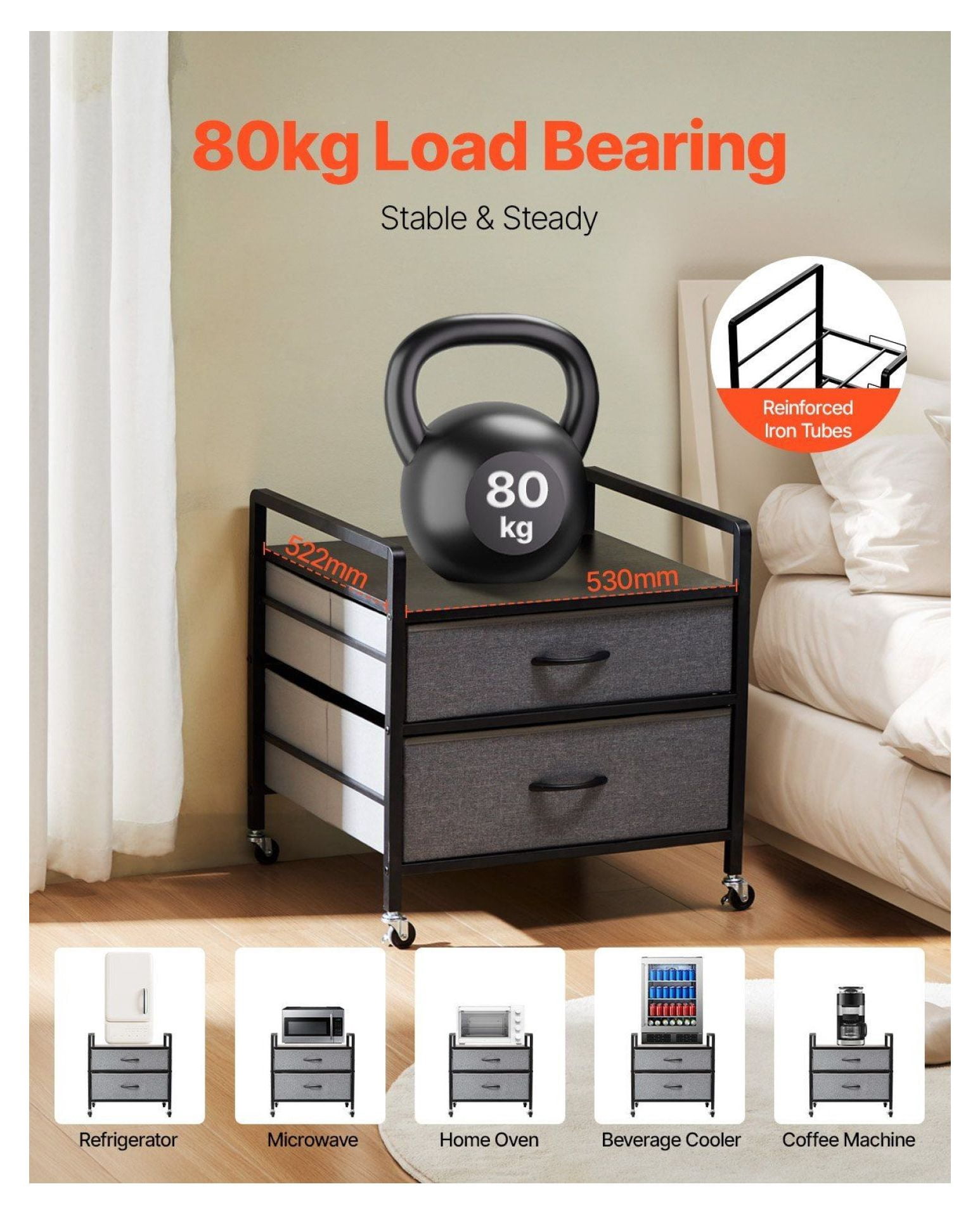 Mini Fridge Stand with Storage, 176 lbs Capacity, Gray Woodgrain - 2 Drawers, Mobile Refrigerator Table, Durable Small Appliance Stand