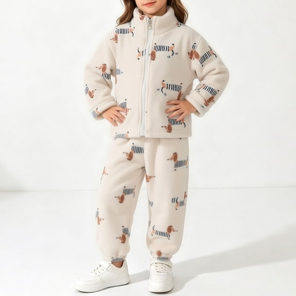 Spazoro Kids Girls 2PC Outfit Sets, Cute Print Zip Up Soft & Comfy Long Sleeves Casual Collared Shirt and Jogger Pants Sets for Fall Winter Beige Size 9-10