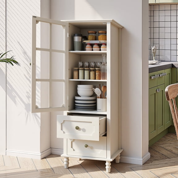 SESSLIFE Compact Buffet Cabinet with Storage and Glass Doors, Modern Pantry Storage Cabinet for Entryway, Hallway and Small Dining Area, White