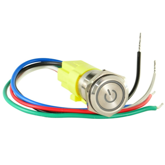 JacobsParts Latching Maintained Pushbutton ON/OFF Power Switch Circular Metal Silver with Blue Power Symbol LED fits 5/8" (16mm) Diameter Panel Cutout Hole. Wire Harness Included