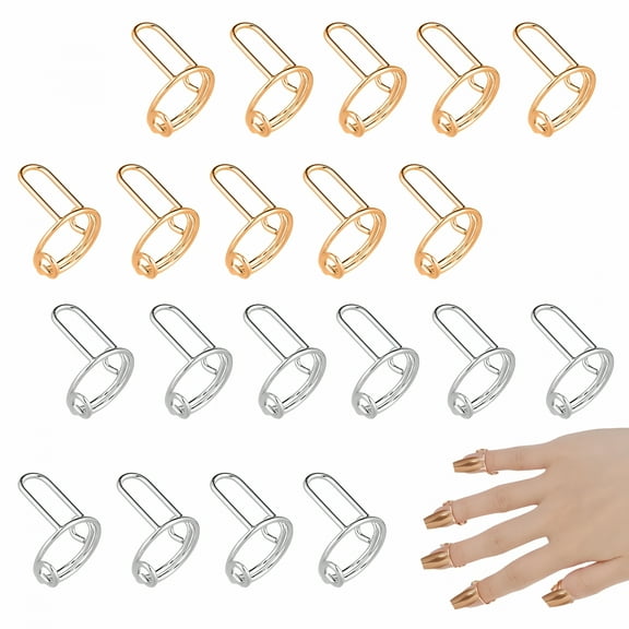 DESIGNICE 20pcs Nail Rings, Adjustable Fingernail Rings Reusable Metal Finger Nail Rings for Women No Glue Nails Jewelry Fingertip Gift Decorations for Wearing Manicure Nails (Gold, Silver)