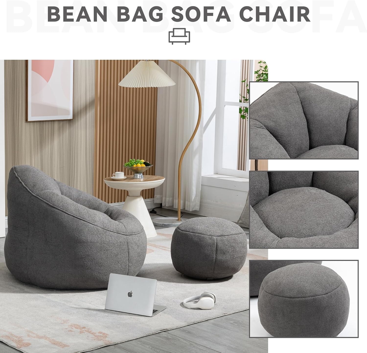Bean Bag Chair for Adult,Microfiber Upholstered Sofa with Footstool Shell-Shaped Memory Foam Stuffed Lazy Sofa