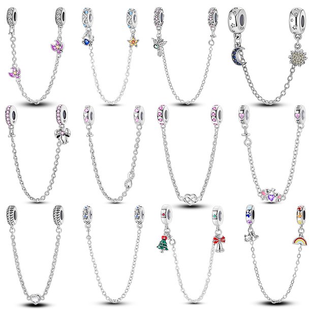 Cadena de seguridad con tope de silicona en forma de estrella, luna, sol, colibrí y árbol de Navidad de plata de ley 925, apta para pulseras DIY, joyería de cumpleaños