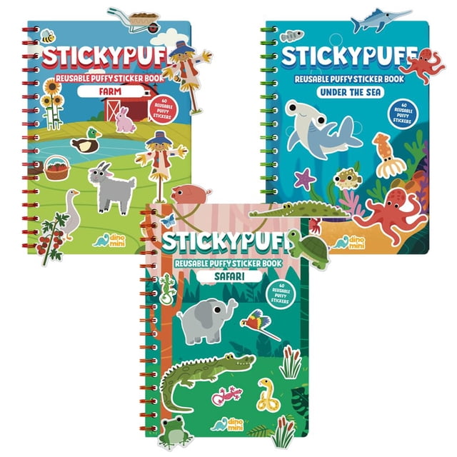 Libro de stickers DINO MINI Stickypuff, 3 sets reutilizables de stickers acolchados