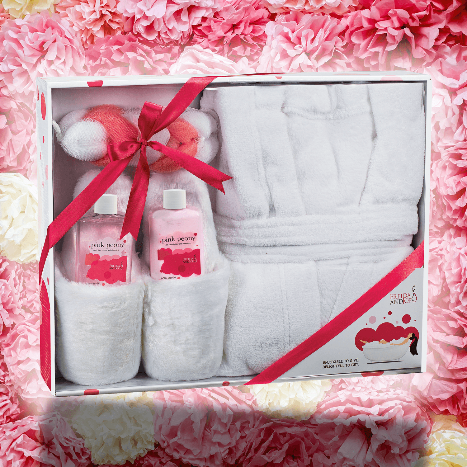 Freida & Joe Gift for Her Pink Peony Scent Home Spa Gift Basket with Luxury Bathrobe & Slipper for Women - image 5 of 5