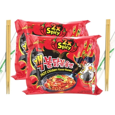Samyang 2X Spicy Hot Chicken Ramen  Stir-Fried Noodles with Wooden Chopsticks 4.93 Oz. (Pack of